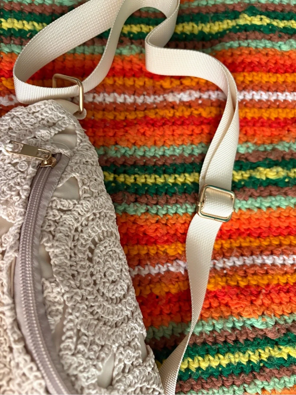 Crocheted Cream Crossbody Belt Bag with Tassel
